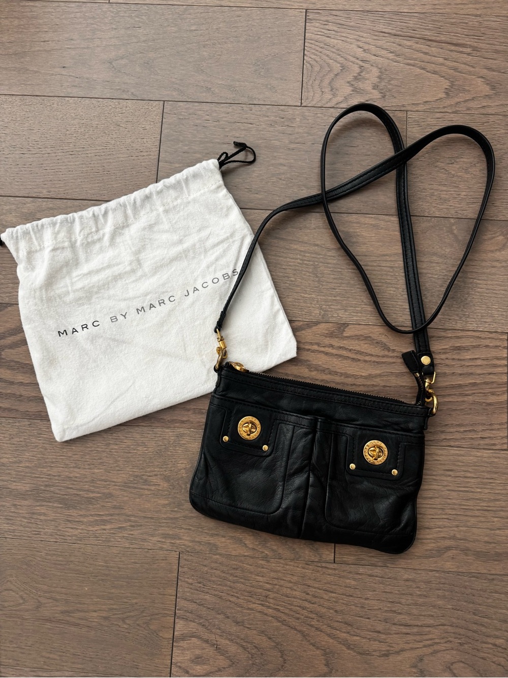 Marc by Marc Jacobs Totally Turnlock Black Leather Crossbody with Gold Hardware